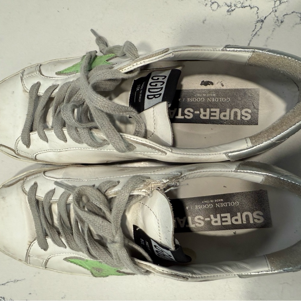 Golden Goose Tennis Shoe - Superstar with Lime Green Star and Silver Heel Tab - Picture 4 of 7